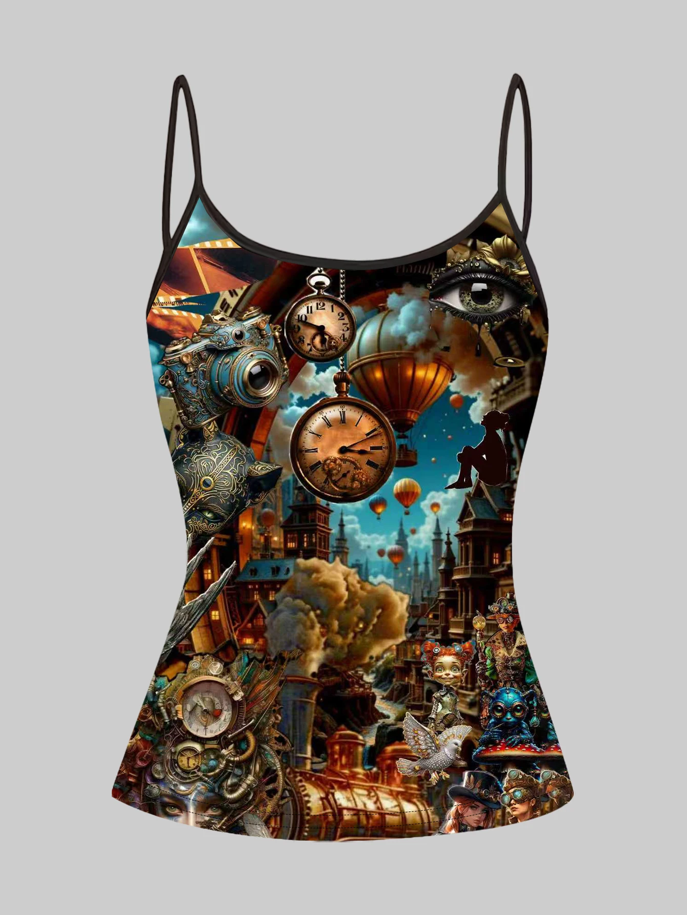 3-Piece Set of Steampunk Style Printed Camisoles for Women, Mechanical Gear Clock Fairy Girl Retro Personality Slim Fit Sleeveless Hot Girl Inner Wear Tops