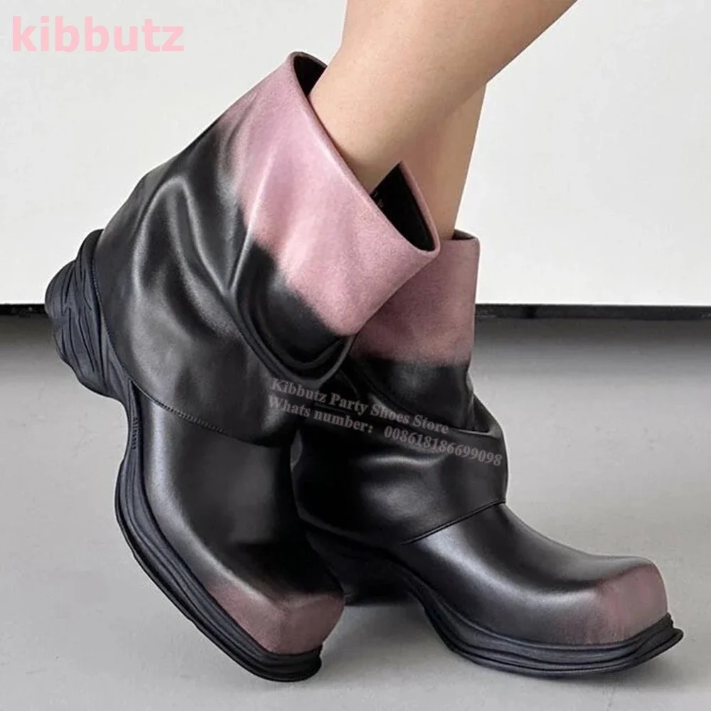 

Colorblocked Pantyhose Boots Pleated Punk Square Toe Round Heels Slip-On Luxury Leather Fashion Concise Novelty Women Shoes New