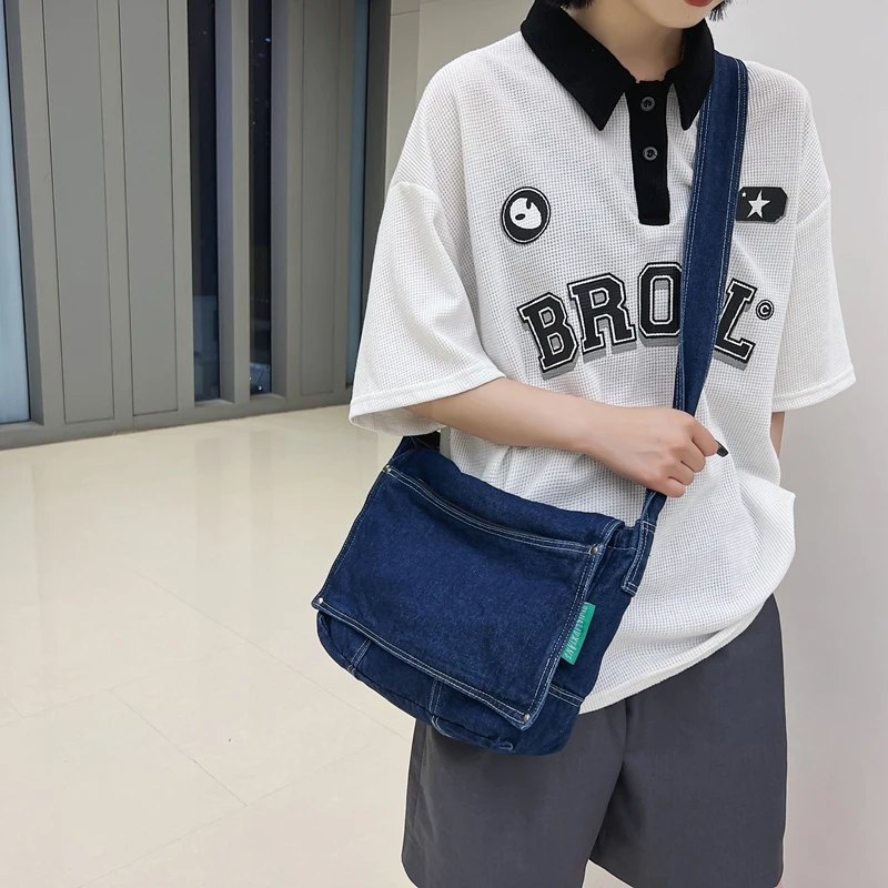 

Denim Messenger Bags For Women 2022 Japan Style Unisex Casual Shoulder Bag Y2K School Bag Large Jeans Bag Solid Flap Bag Quilted