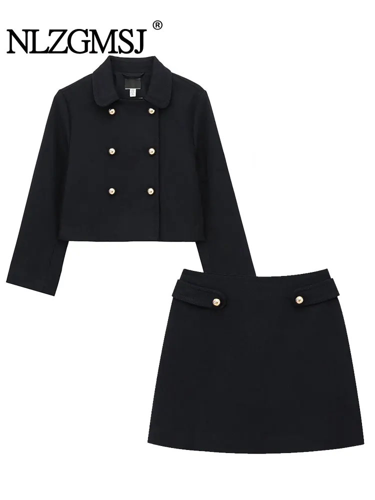 

2025 шикарный женский однотонный костюм с длинным рукавом, двубортное пальто, мини-юбка трапециевидной формы, новые модные офисные женские комплекты