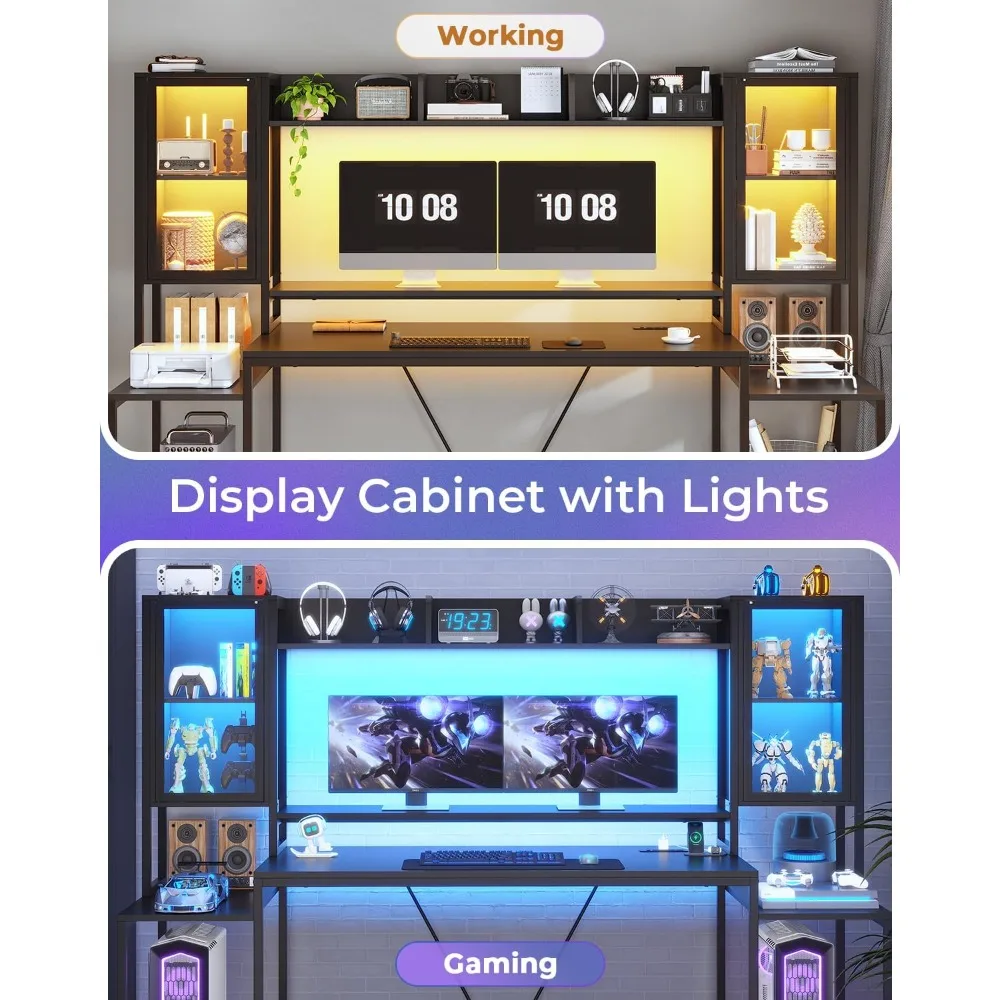 مكتب ألعاب 74.8 بوصة مزود بمصابيح LED وأرفف تخزين وحامل شاشة ومكتب كمبيوتر كبير لألعاب الكمبيوتر #5