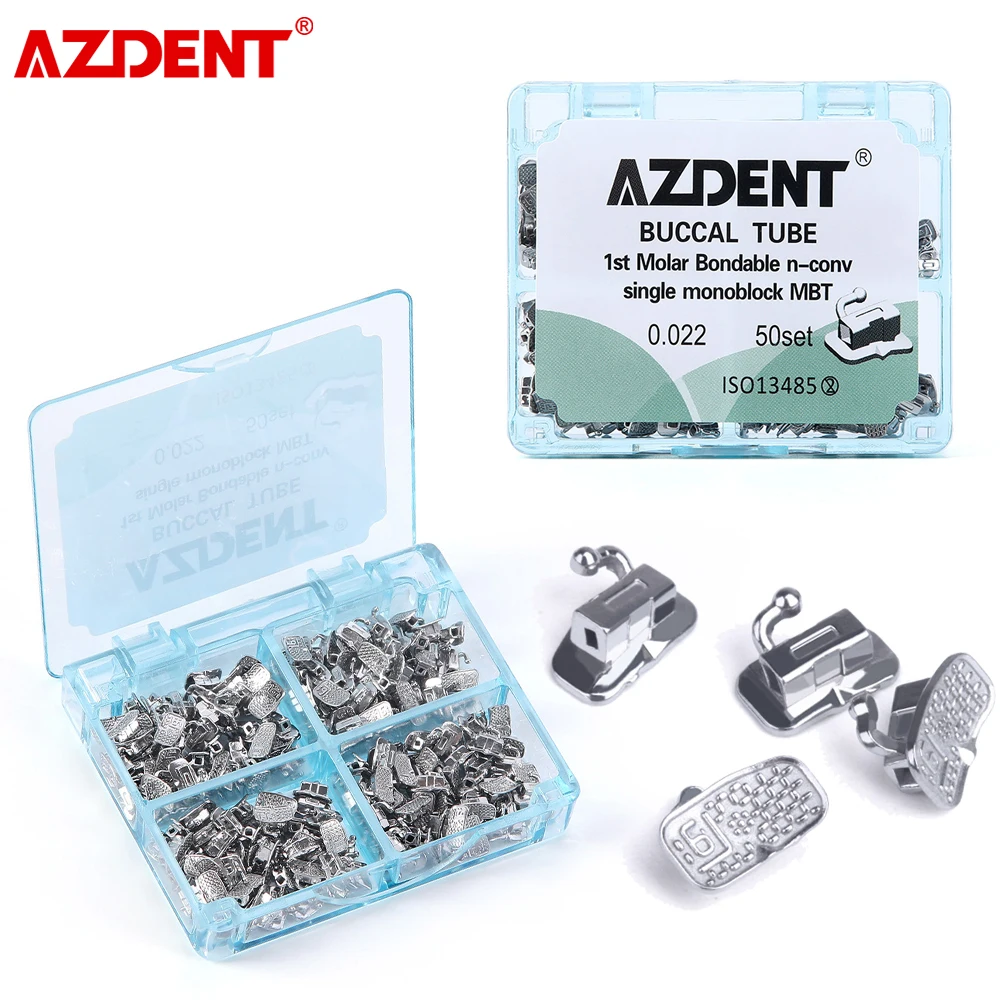 AZDENT 200pcs/Box Dental Orthodontic Buccal Tube Roth/MBT 0.022 MIM Monoblock 1st/2nd Molar Bondable Non-Convertible Single Tube