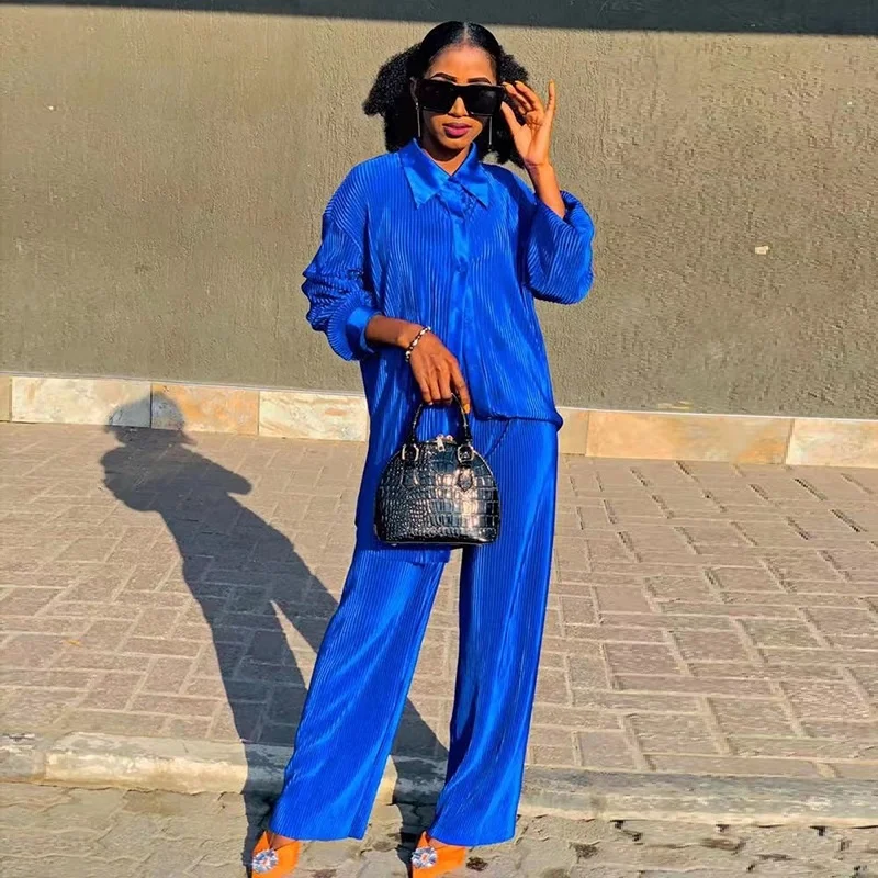 Womens Elegant pleated shirt and pants set 2 piece sets women outfit 2023 New Casual Tracksuit Two Piece Sets fashion plus size