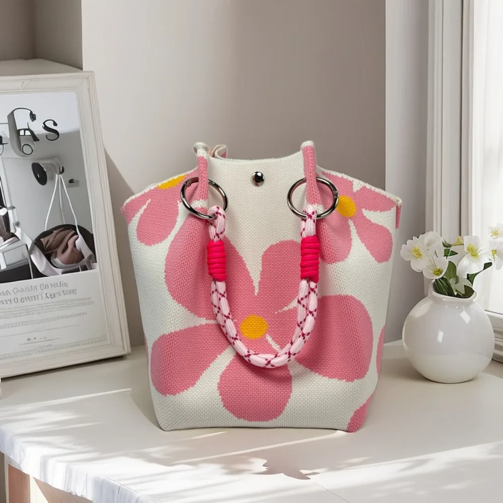 

Fashion Portable Knitted Wrist Bag Printed Purse Floral Knit Handbag Butterfly Trendy Weave Bucket Bag Shopping Bag