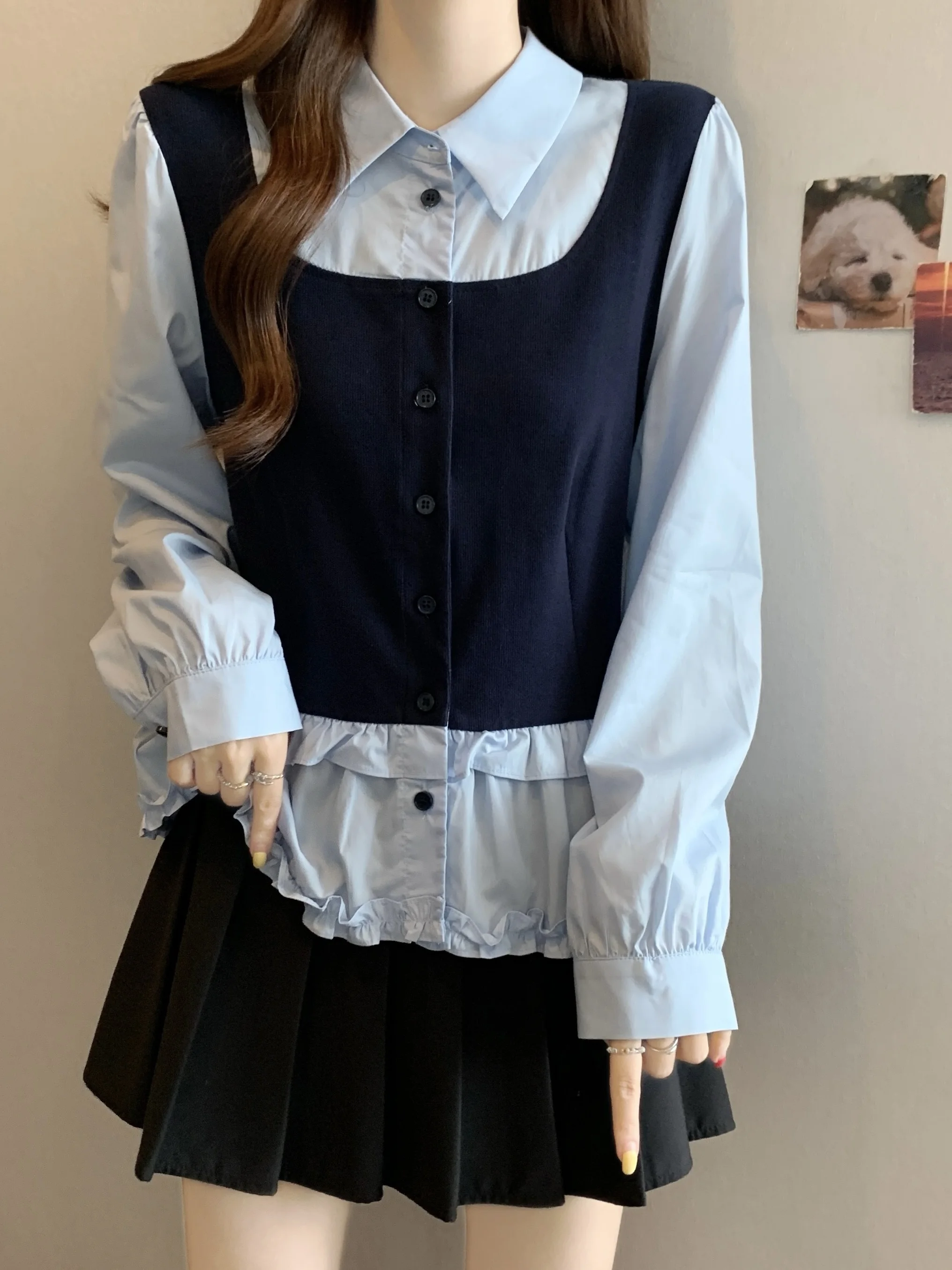 

plus Size Blue Long Sve irt Women's Design Sense Color Blo Pleated Ear Top Sweet Sle Stand Version Princ ...