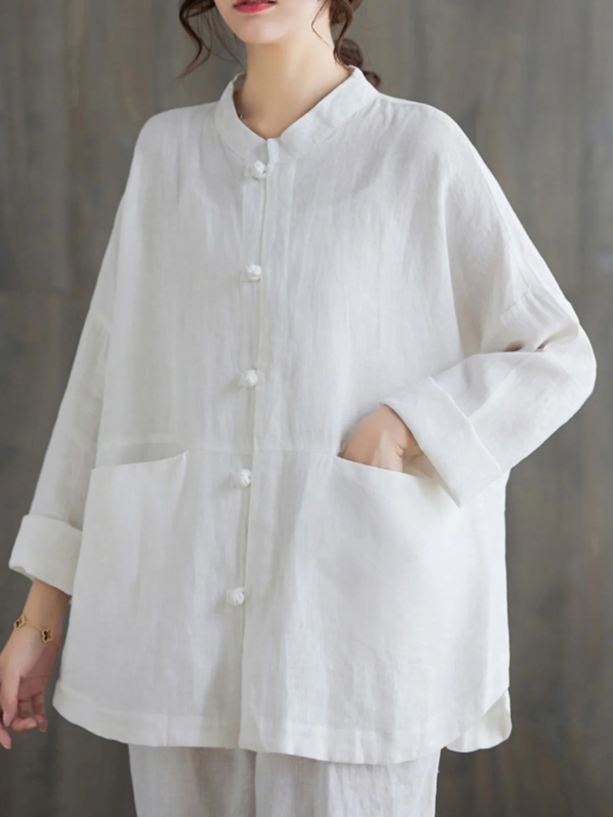 ex Zen Sle لون نقي الكتان irt الوقوف طوق زر يصل سترة ملابس خارجية كبيرة الحجم المرأة Faion لباس غير رسمي