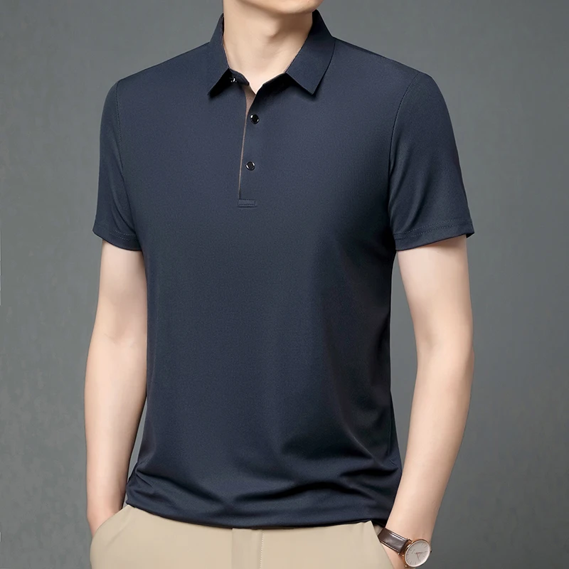 Solid Color POLO Shirt for Men's Summer Thin Business Casual Ironless Loose Short Sleeved POLO Shirt Flip Over Tie Button T-shir