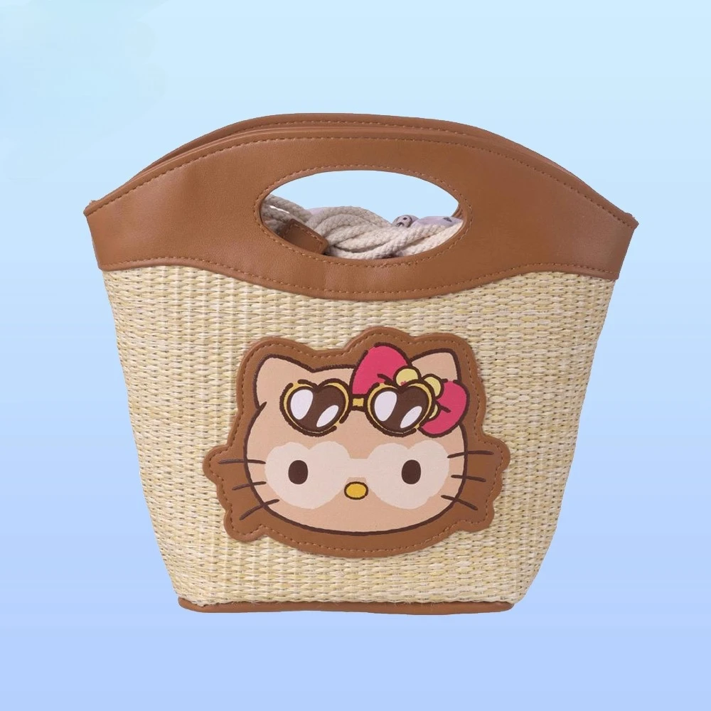 

Sanrio Family HelloKitty Woven Tote Bag Cute Drawstring Straw Mat Sein Handbag Bag Portable Photo Good Bag Large Capacity
