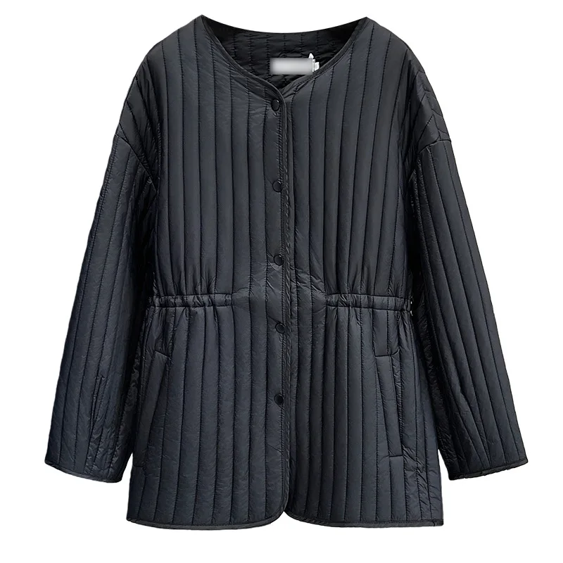 

XXXXL модная женская одежда больших размеров, парки, новинка зимы 2025, тонкая теплая стеганая куртка с завязками на талии в вертикальную полоску 1755