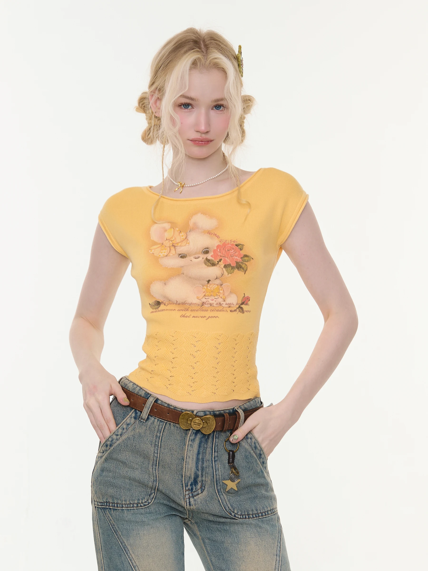 

Женская приталенная винтажная футболка ZiziFei Sweet Rabbit с цветочным принтом, круглым вырезом и коротким рукавом, желтая, для весеннего сезона