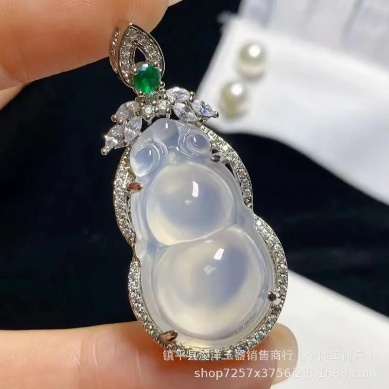 天然高品質アイスカルセドニーひょうたん型ペンダント、白半透明カルセドニーペンダント、銀メッキ象嵌翡翠ネックレス、liv