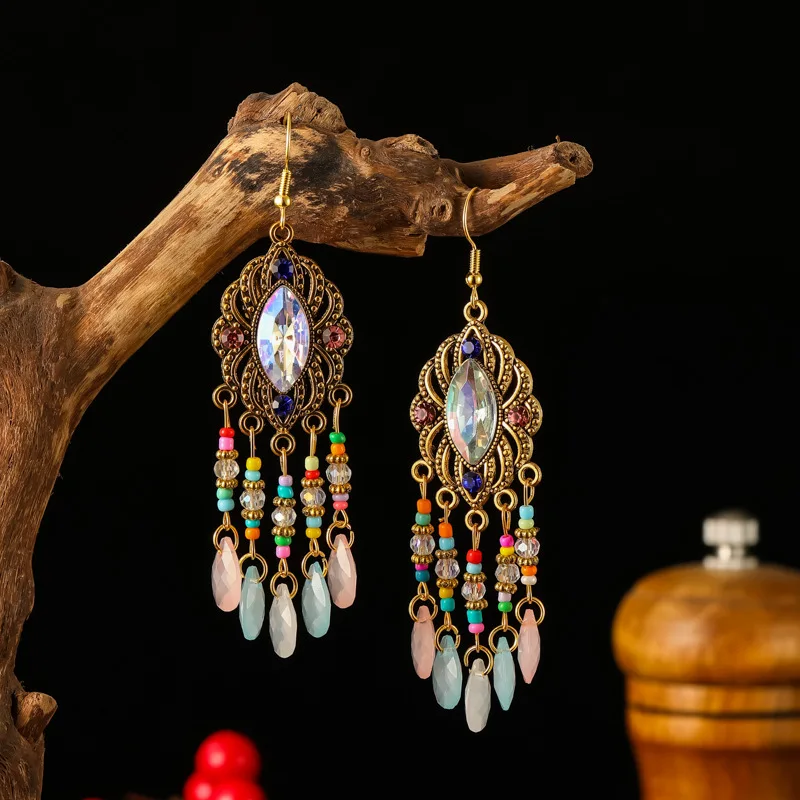 Neue Böhmische Ethnische Bunte Wasser Tropfen Quaste Ohrringe für Frauen Lange Hohl Antike Gold Farbe Baumeln Ohrring Pendientes Mujer – Detail 14