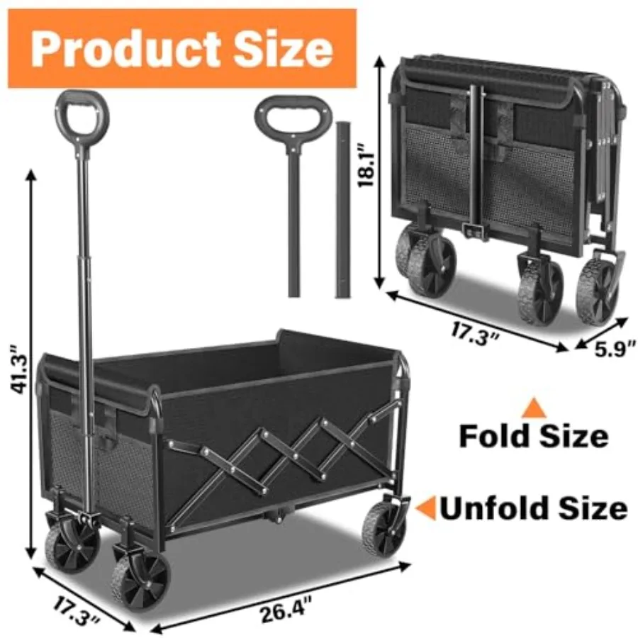 Foldable Collapsible Wagon Cart with Wheels for Beach Sand Sports Camping Grocery Black
