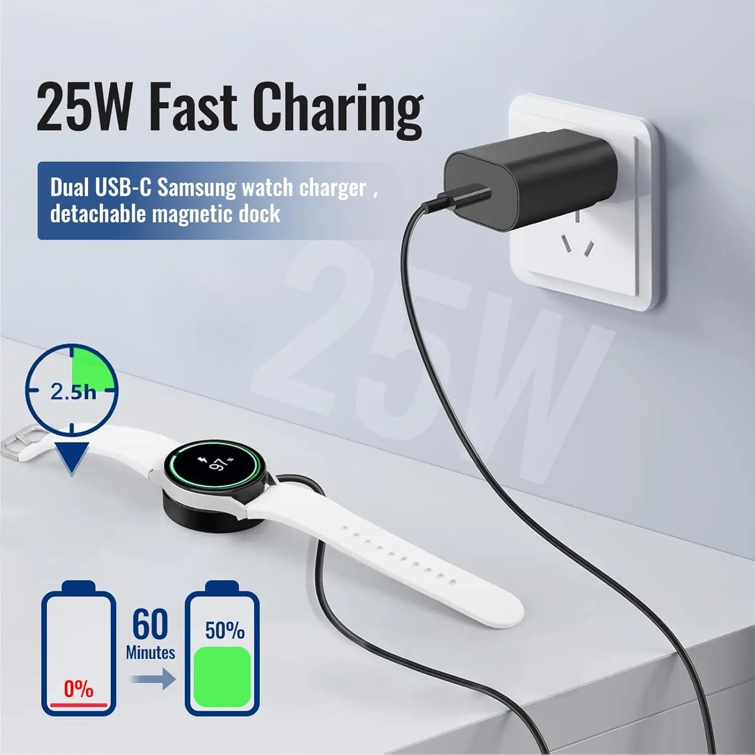 Suitable for Samsung 20W Watch Charger Dual USB-C Cable  Super Fast Wireless Charging Station Watch 7/6/5/4 Series & S25/S24/S23/S22 Ultra/Z Flip 6|3.3ft Magnetic Charging Dock