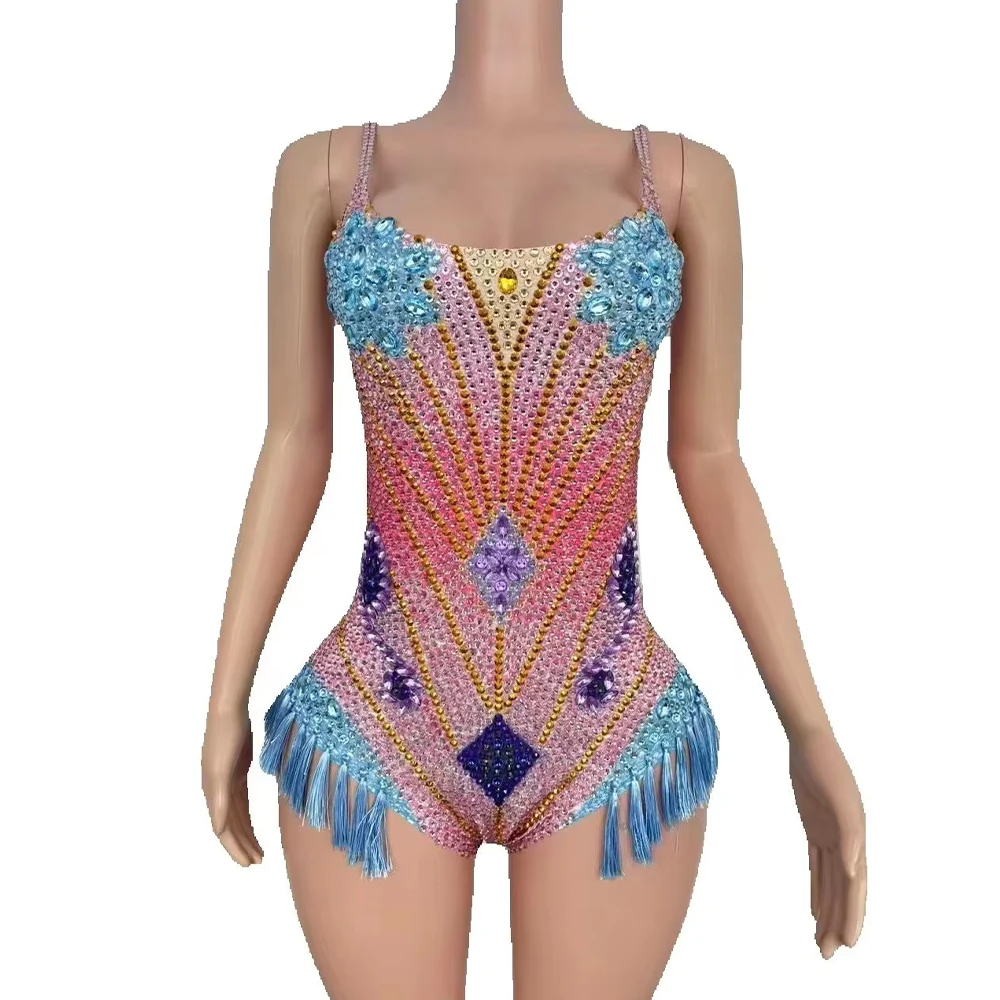 Sexy Stage Pink Blue Rhinestone Bodysuit Gogo Dancer Costume Birthday Nightclub Bar Club Dancewear Sexy Fringe Party Rave Outfit