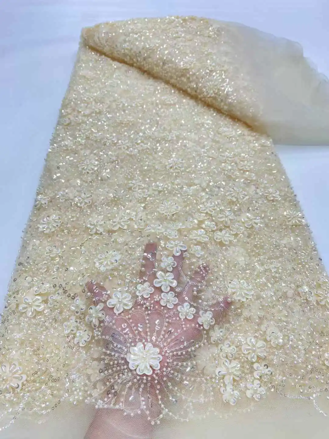 Latest French Mesh Lace Beads Fabric High Quality African Nigerian Tulle Mesh Lace Luxury Wedding Dresses For Women-DP