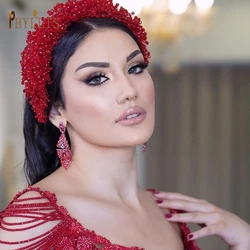 A416 Charming Red Crystal Bridal Headband Princess Crown Wedding Hair Accessories Pageant Headpiece for Women Tiara Headwear