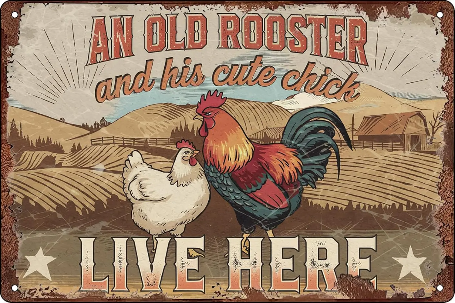 Funny Welcome Chicken Vintage Metal Tin Sign Retro An Old Rooster And His Cute Chick Live Here Sign Wall Decor, Farmhouse,  sign