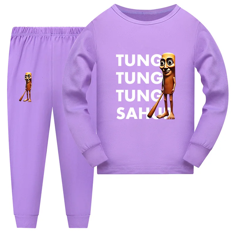 Zabawny wzór memu Tung Tung Tung Sahur, włoski brainrot, zestaw piżam dla dziewczynek, piżamy z długim rękawem dla chłopców, komplet do spania dla dzieci.