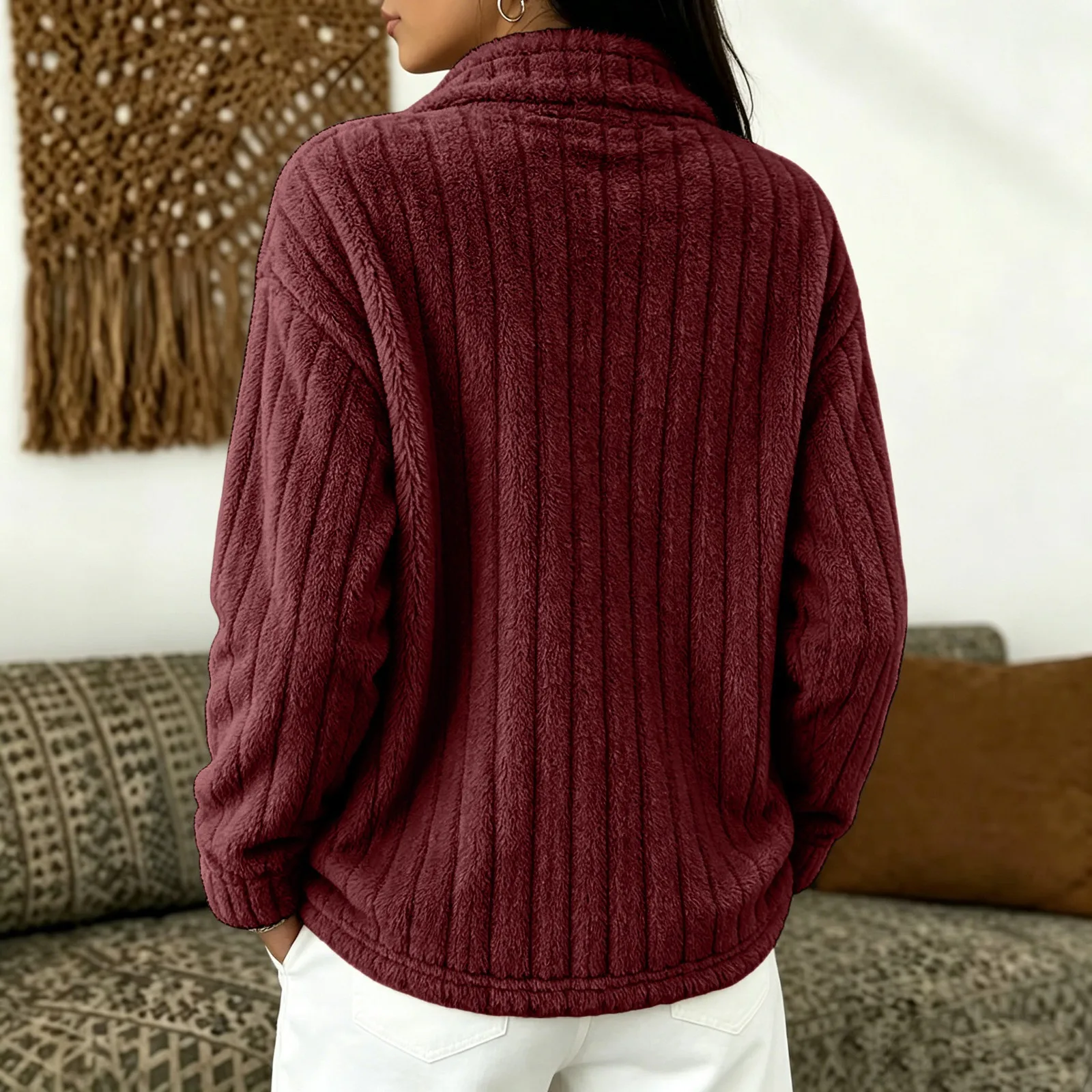 Women's Autumn Winter Turn Collar Ribbed Fleece-lined Warm Zip-up Long-sleeved Sweatshirt