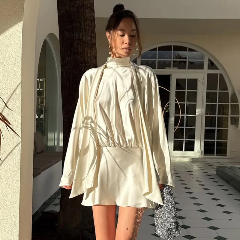 Ticketsx Elegant Bow Ruched Mini Dress Fashion Scarf Bibbon Patchwork High Waist Slim Dress Solid Vacation Party Clubwear Dress