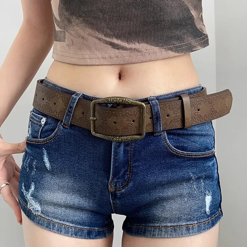 1 szt. Brązowy kwiatowy wytłoczony pasek, vintage amerykański styl Y2K, akcesoria DistressedDenim, codzienne etniczne rzemieślnicze skórzane paski dla W