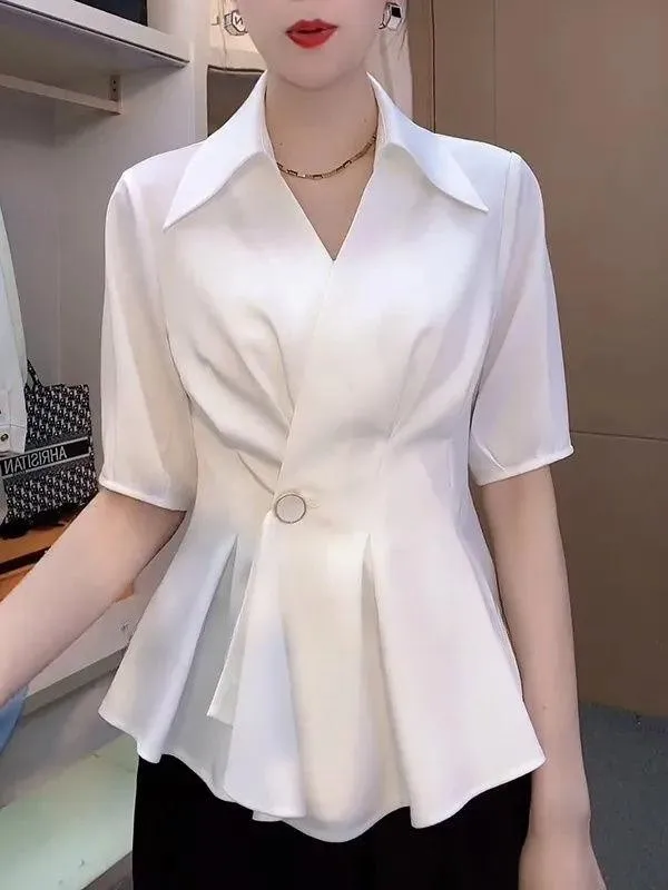 

Ele White ort Sve irt Slim Fit воротник для поездок на работу Sle корейская версия смесь полиэфирного волокна летнее новое поступление