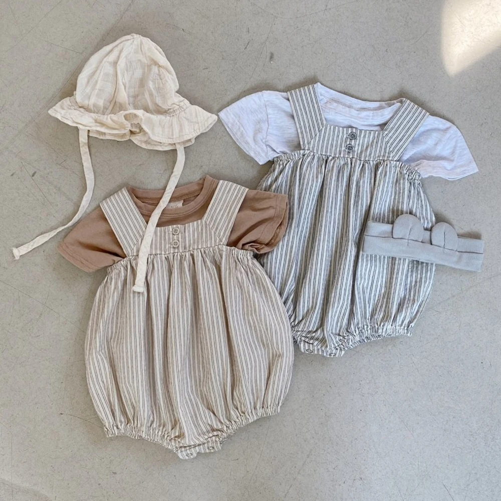 

Adorable Striped Baby Button Design Vest Romper Summer Little Girls Soft Breathable Cotton Jumpsuit One Piece Toddler Clothing