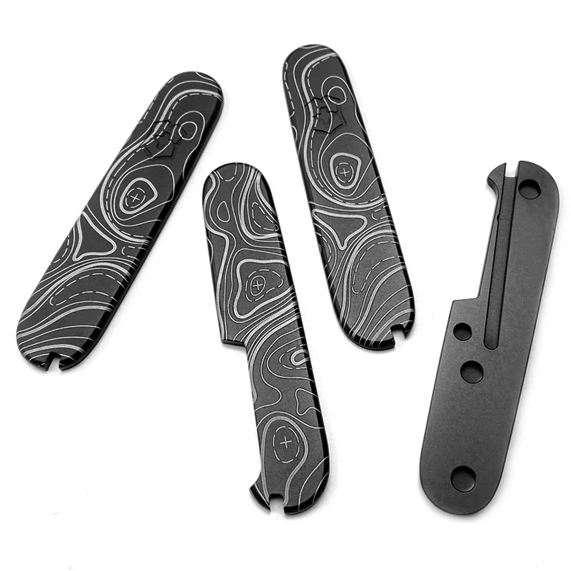 1 Pair Contour Plane Pattern CNC Titanium Made Knife Grip Handle Patches Scales For 91MM Swiss Army Knives DIY Parts