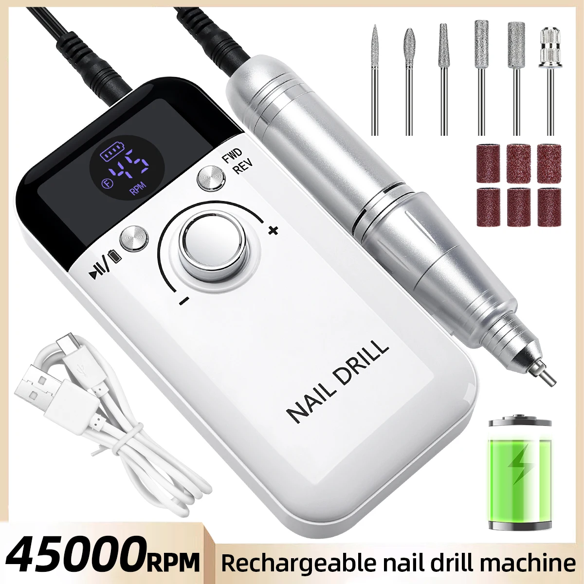 45000RPM Electric Nail Drill Machine With LCD Display Rechargeable Portable Nail File Set for Gel Nails Polish Nail Art Tools