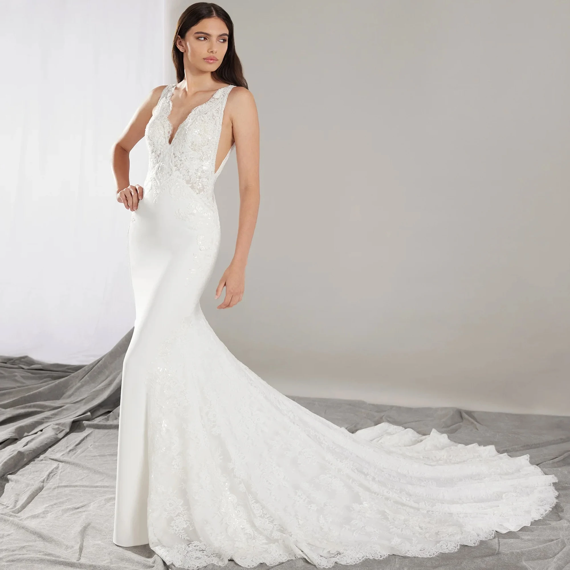 

Mermaid Wedding Dress Crepe V-Neck Spaghetti Straps Button Back Bride Gown Boho Bridal Dress Vestidos De Novia 2025 Customized