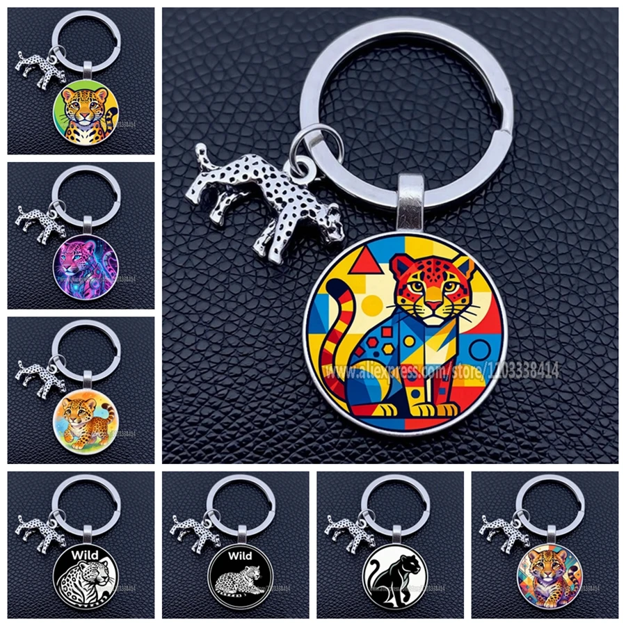 Porte-clés tendance léopard, motif animal tigre léopard, porte-clés circulaire en verre, cadeau courageux, vente en gros