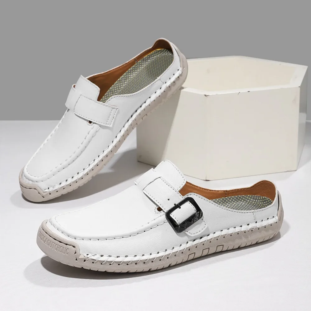 

Microfiber Leather Buckle Slip On Backless Loafers Men Casual Flat Driving Mules Shoes