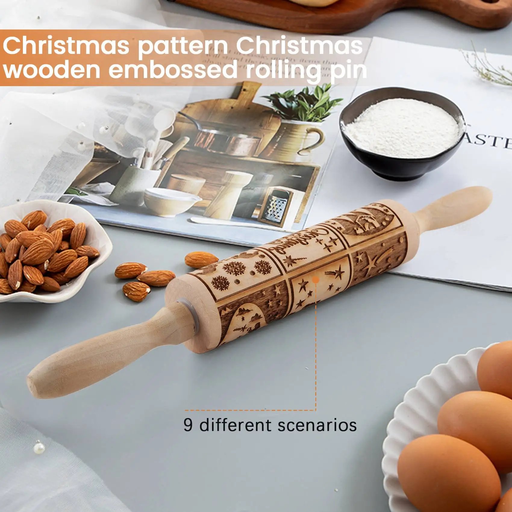 A33Z-Nativity Pattern Xmas Christmas Wooden Embossing Rolling Pin With 9 Different Scene For Baking Embossed Cookies view 3