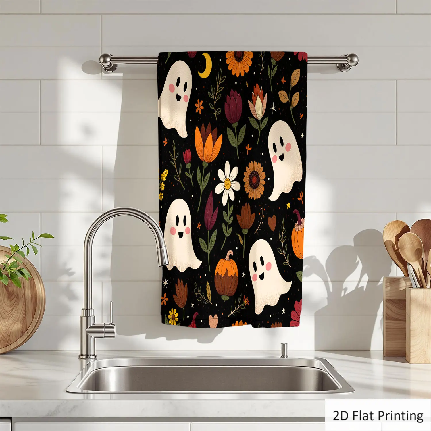 

1Pc Halloween Ghosts Flowers Pumpkins Black Bathroom Hand Towel Bath Towel, Multiple Size Microfiber Polyester Towel, Unique Home Decorative Kitchen Towels, Festival Bathroom Accessories Decor, Quick Dry and Absorbent