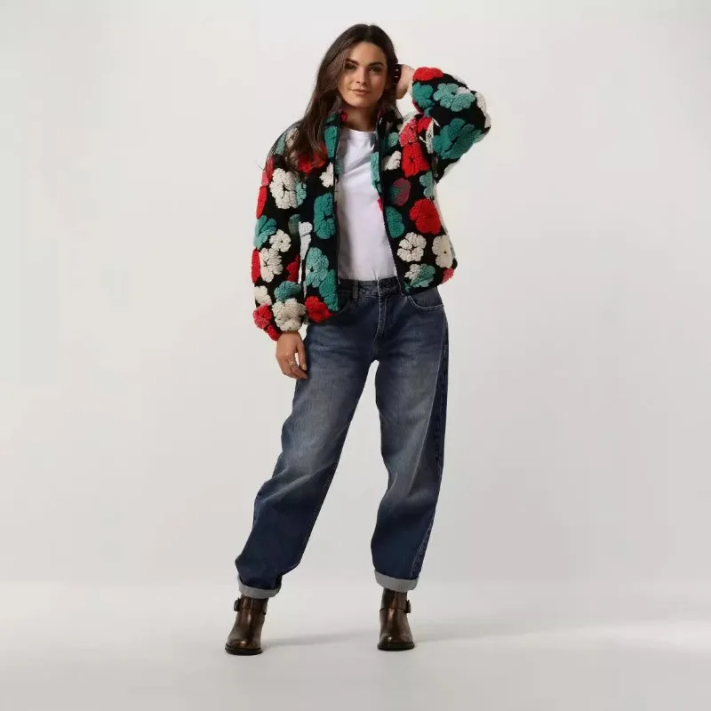 Women's Clothing Autumn Winter Coat Sweatshirt New Retro 3D Flowers Charm Loose Zipper Cardigan Coats Streetwear Short Jacket