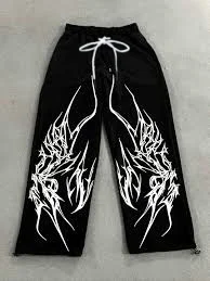 New Model Men Gothic Vertical Graphic Wide Leg Sweatpants Drawstring Loose Straight Baggy Y2K Dark Punk Streetwear Pants.