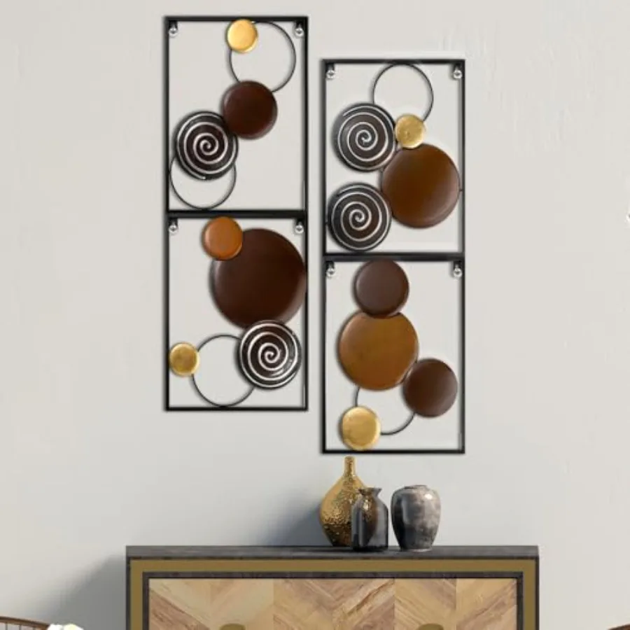 

4 Pcs Metal Wall Art Abstract Wall Decoration Brown Metal Decor 14'' x 11'' Minimalist Sculptures Decor Round Style Iron Modern
