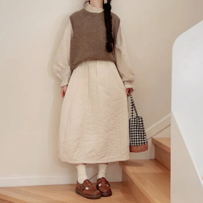 

Thiened Cotton f Skirt High Waist Women's Winter Faion Retro Sle A-Line Straight Bouffant Skirt Warm Midi Skirt