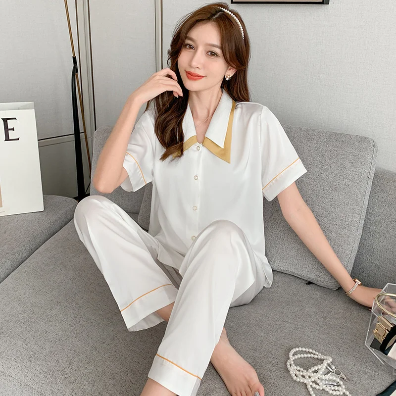 Lisacmvpnel Summer Ice Silk Pajamas Short Sleeved Trousers Two-piece Suit Thin Casual Home Clothes