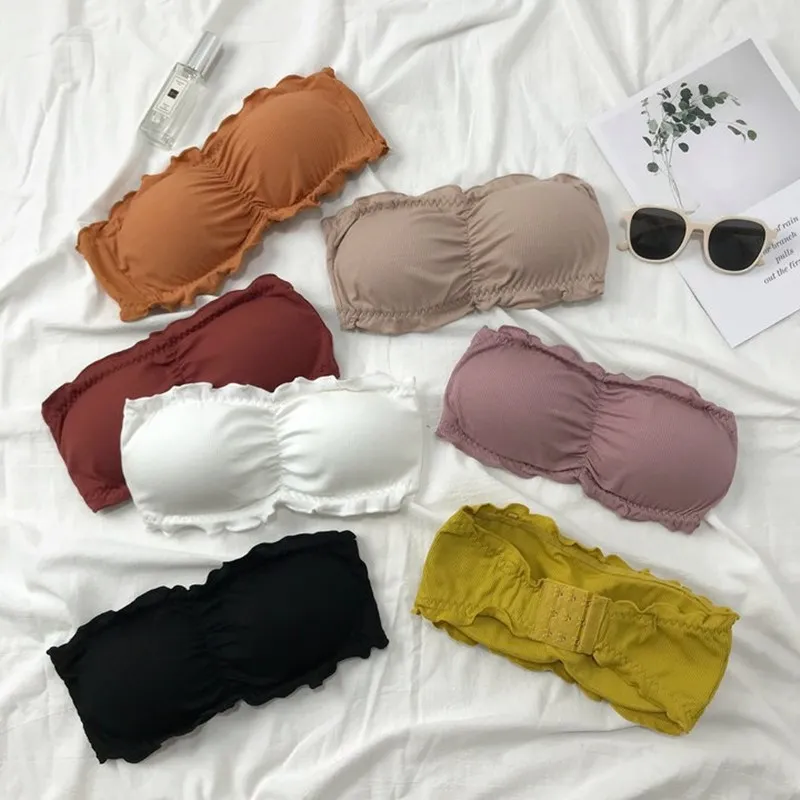 Reggiseno avvolgente con una parola in cotone filettato estivo con cuscinetti per reggiseno Intimo raccolto Reggiseno senza spalline da donna antiscivolo