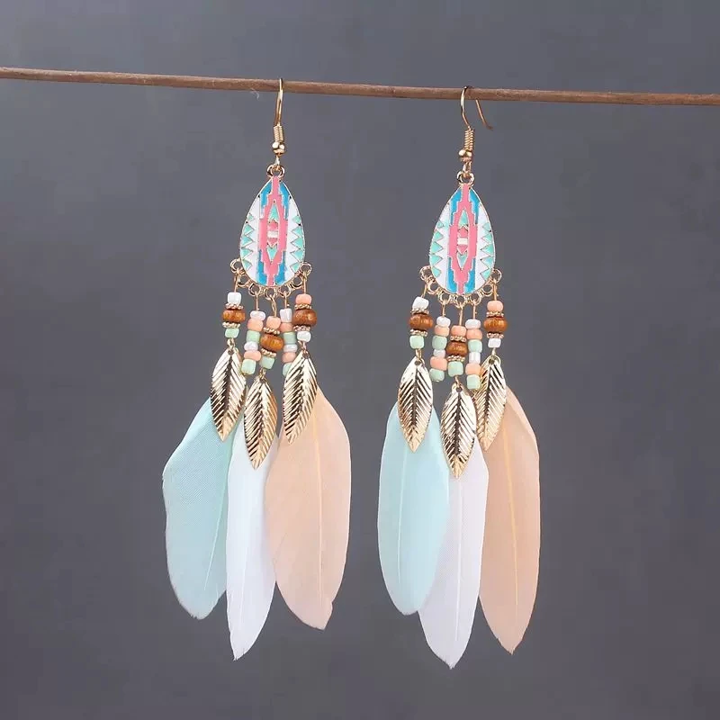 Boho Lange Feder Baumeln frauen Ohrringe Strand Lange Quaste Perlen Handgemachte Blume Emaille Ohrringe Braut Hochzeit Pendientes Mujer – Detail 18