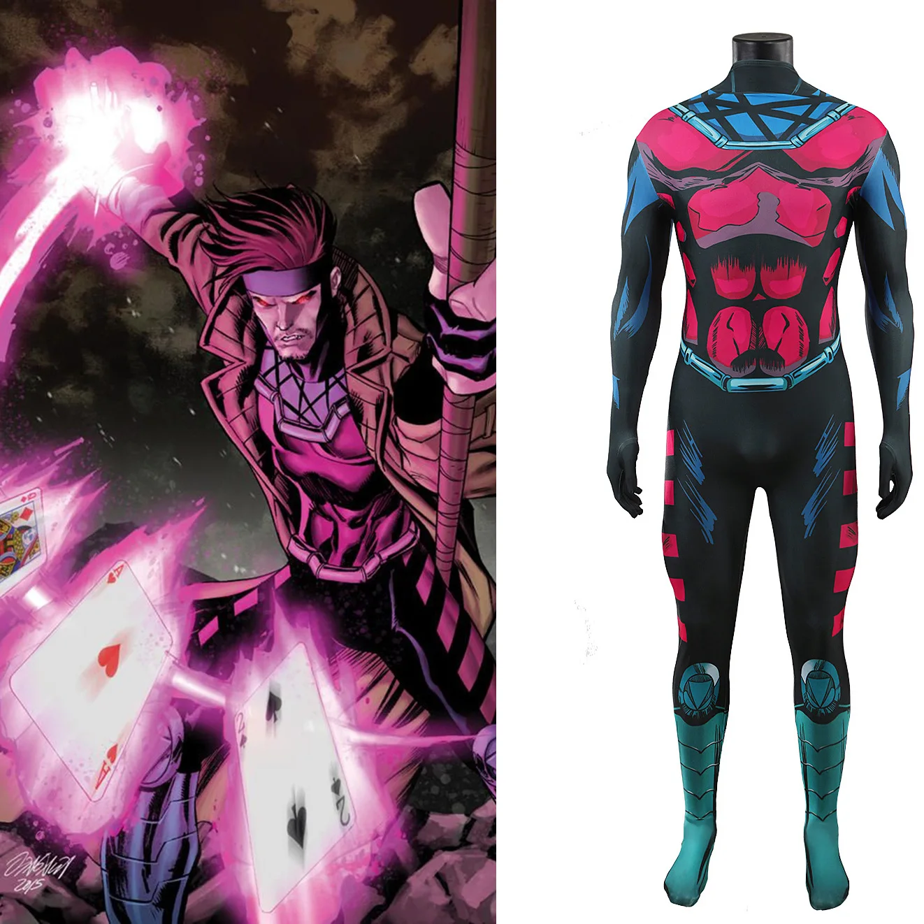 Gambit Cosplay Costume, Anime Role‑Play Tight Jumpsuit Bodysuit, Halloween Carnival Comic‑Con Cosplay Outfit for Men