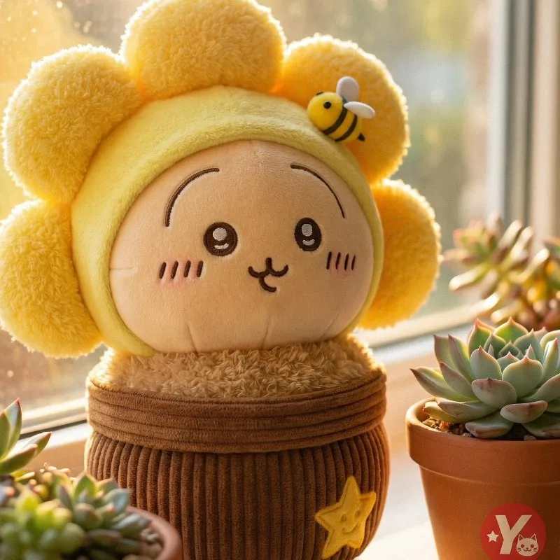 10CM Anime E-STRONG Chiikawa Hachiwa usagi cosplay sunflower-shaped cartoon plush keychain, kawaii couple backpack charm, gift.