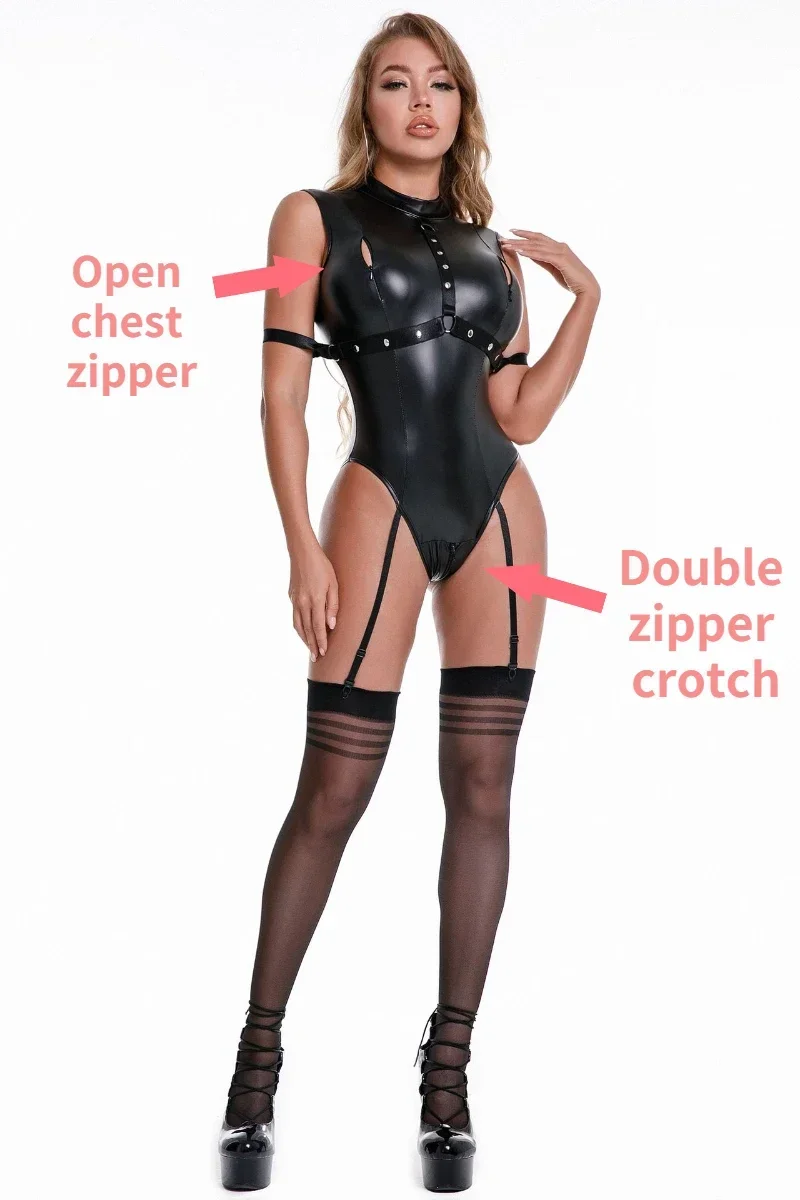 

Exotic Faux Leather Bondage Lingerie Bodysuit Sexy Women Tight Clothes Garter Thigh Sling Stockings Push-up Bra Shaping Leotard