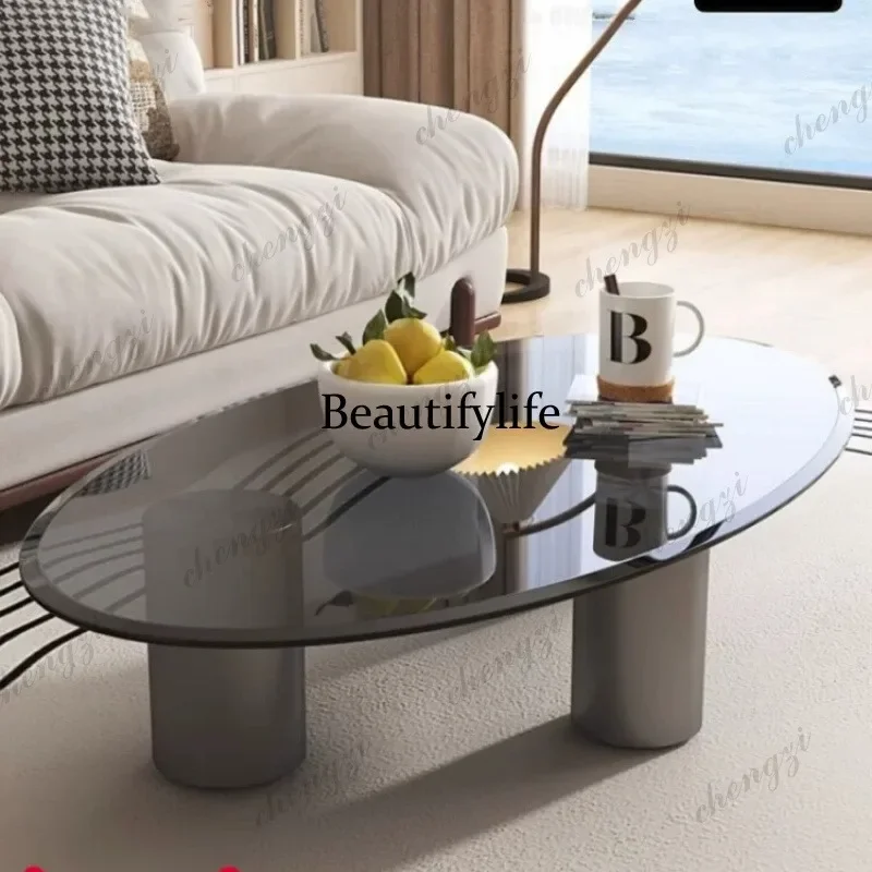 Living room household Italian light luxury suspended coffee table modern small apartment oval tempered glass