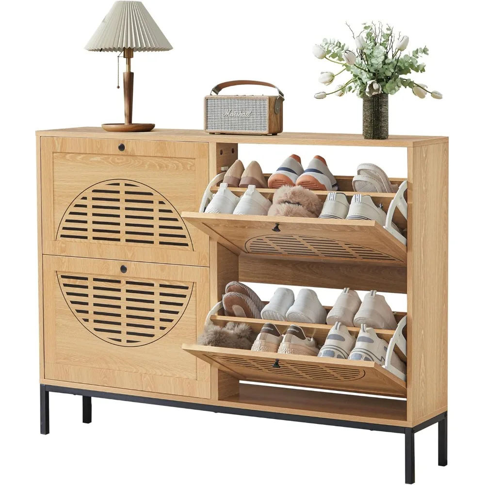 

Large Shoe Storage Cabinet with 4 Flip Drawers, Freestanding Shoe Organizer with Printed Doors, Narrow Shoe Rack Slim Wooden Sh
