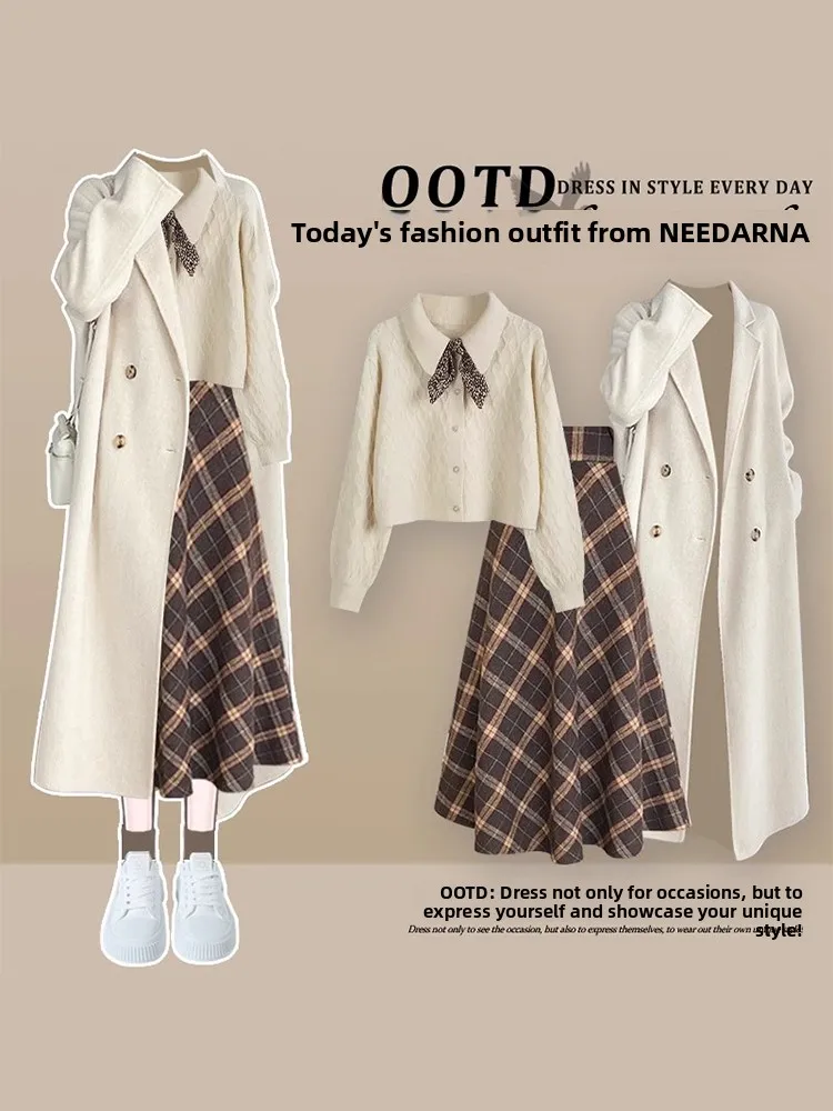 Automne grande taille femmes Yadan Sle tricoté Dr Ensemble avec manteau et pull jupe à carreaux t-shirt pièce Ensemble