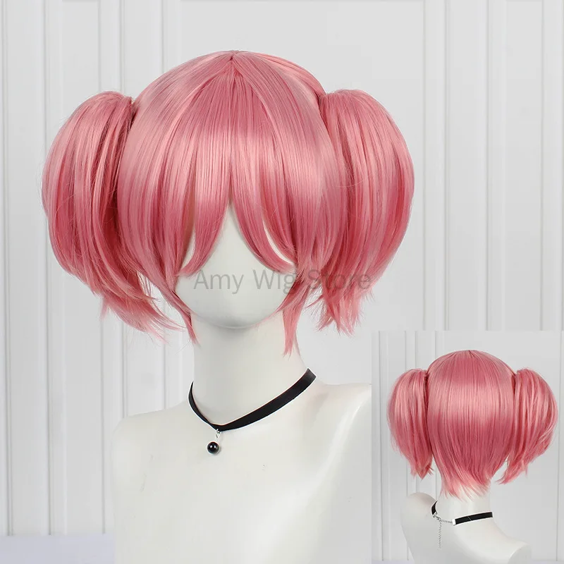 Kaname Madoka คอสเพลย์สีชมพูคอสเพลย์วิกผม Double Ponytails Wigs สำหรับอะนิเมะอุปกรณ์เสริมผู้หญิงสั้นตรงวิกผมปลอม