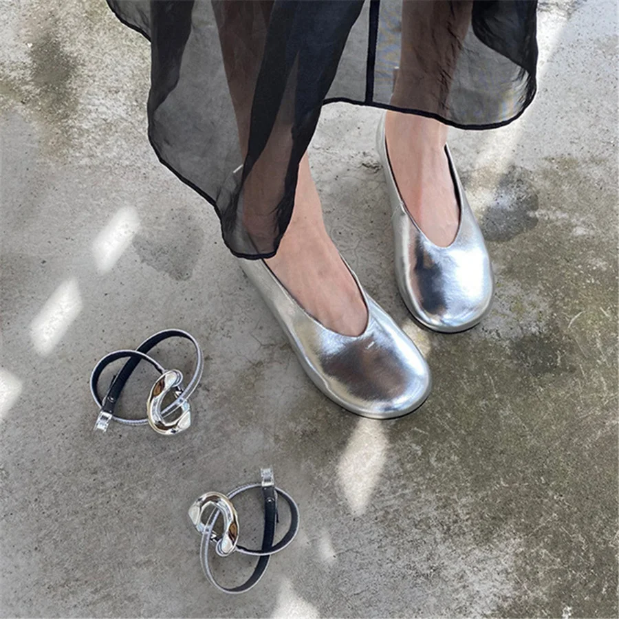 Silver Women Ballet Flats Ankle Straps Height Increasing Mary Janes Ladies Metal Ring Decor Flat Shoes Round Toe Casual Loafers